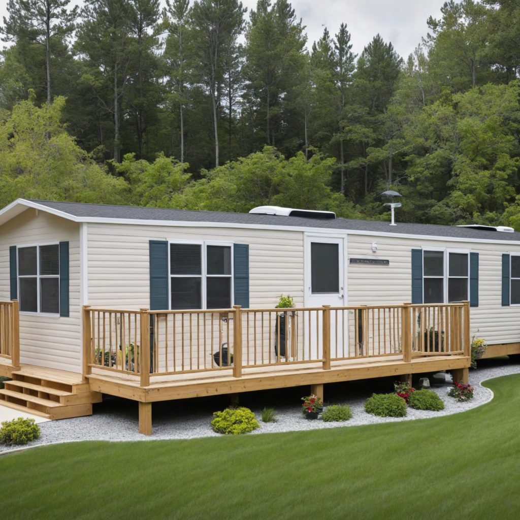A single manufactured home with a wooden deck, showcasing the importance of home insurance coverage.